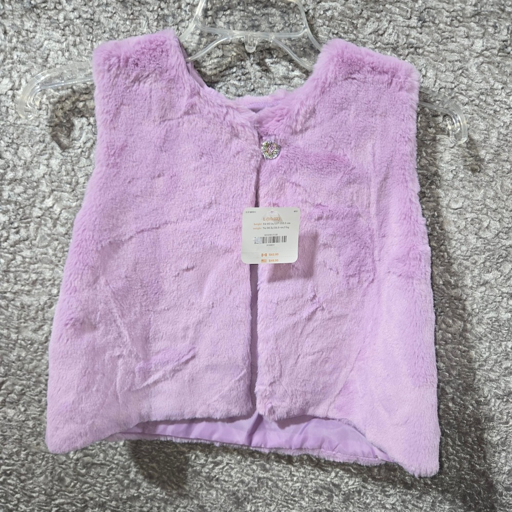 Gymboree Girls Purple Faux Fur Vest Lavender Rhinestone Button Size L‎ 10-12 NWT